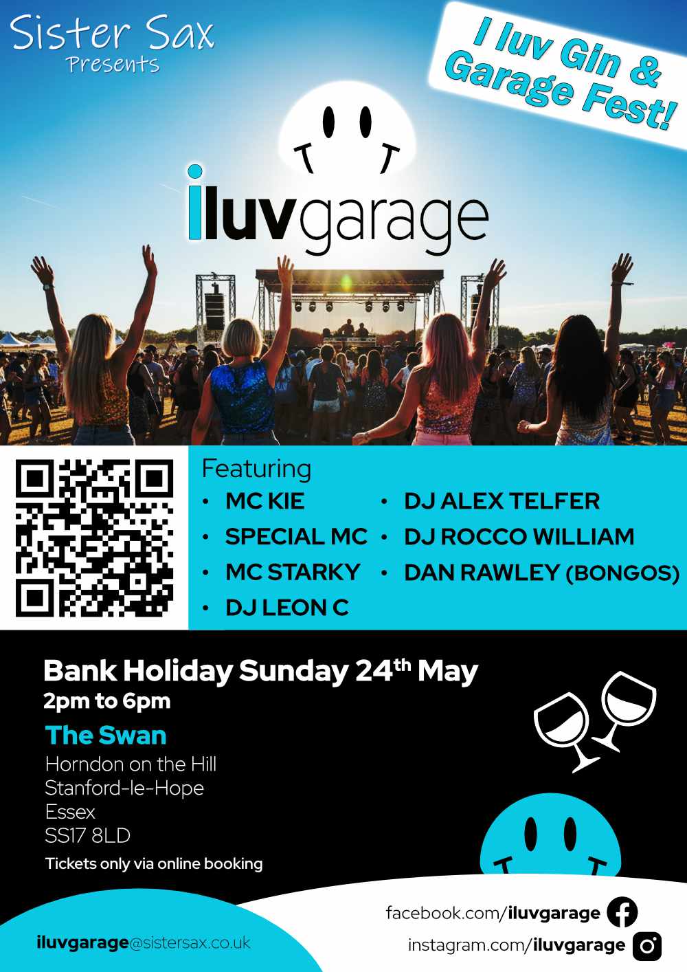 iluvgarage at Vaulty Manor on May 24th 2026 flyer. Featuring MC KIE, SPECIAL MC, MC STARKY, DJ LEON C, DJ ALEX TELFER, DJ ROCCO WILLIAM & DAN RAWLEY (BONGOS)