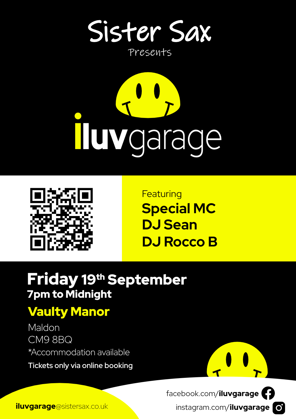 iluvgarage at Vaulty Manor on Friday19th September 2025 flyer. Feat Special MC, DJ Sean & DJ Rocco B