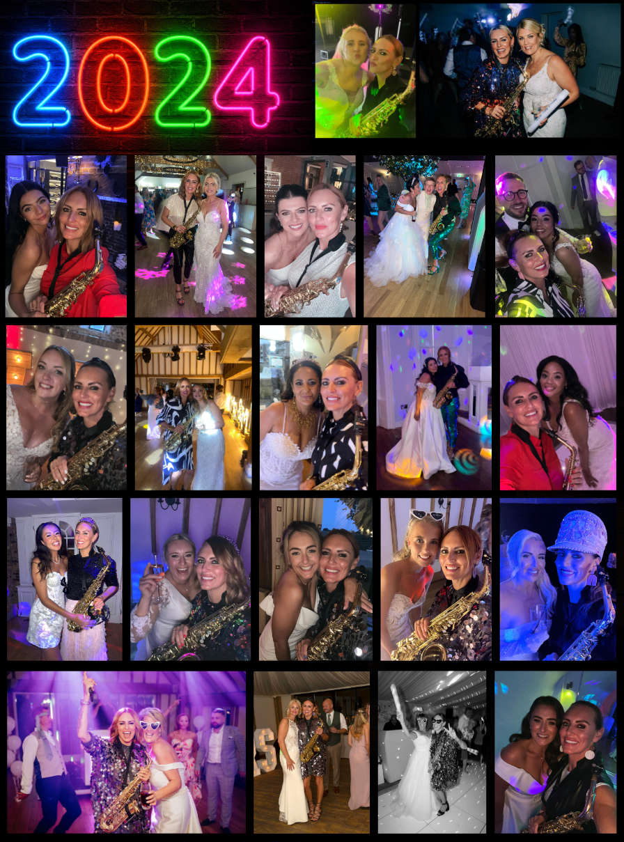 Collage of photos of Kay of Sister Sax and brides taken at various wedding parties in 2024