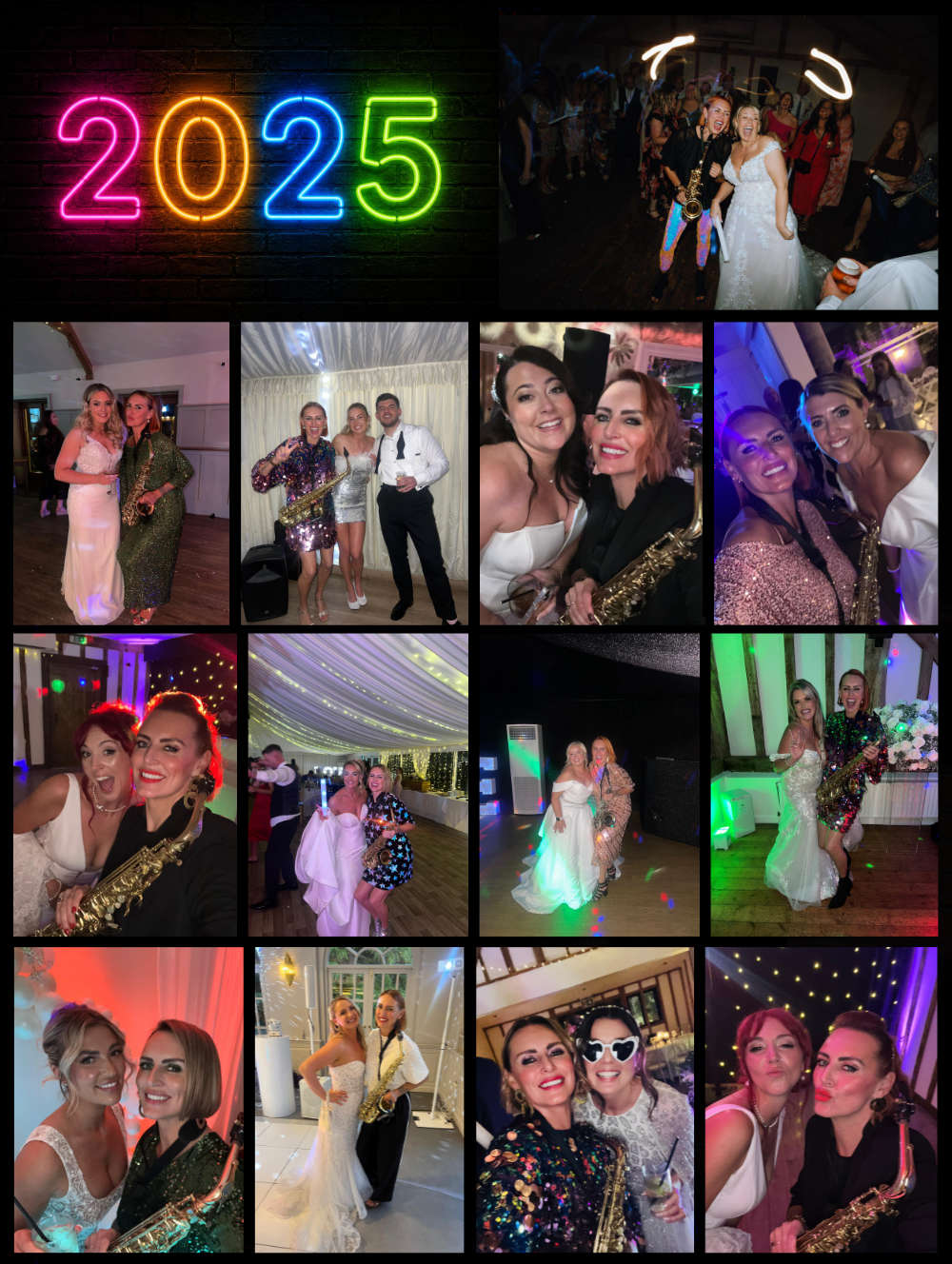 Collage of photos of Kay of Sister Sax and brides taken at various wedding parties in 2025