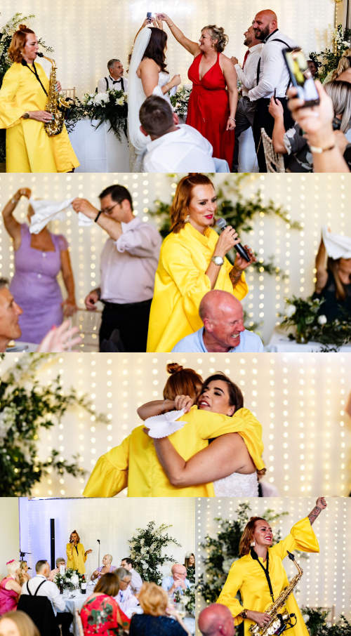 Kay holding in multiple wedding breakfast photos wearing a yellow suit and entertaining the happy couple and thier guests